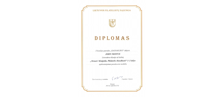 Memel / Klaipėda Philatelic Handbook awarded a Vermeil